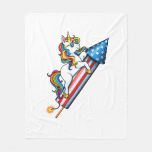 Unicorn Riding Fireworks American USA Flag 4th of Fleece Blanket