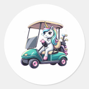 Unicorn Riding Golf Cart Boys Girls Women Kids Tee Classic Round Sticker