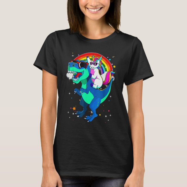Unicorn Riding Rex Dinosaur Boys Girls Men Women R T-Shirt (Front)