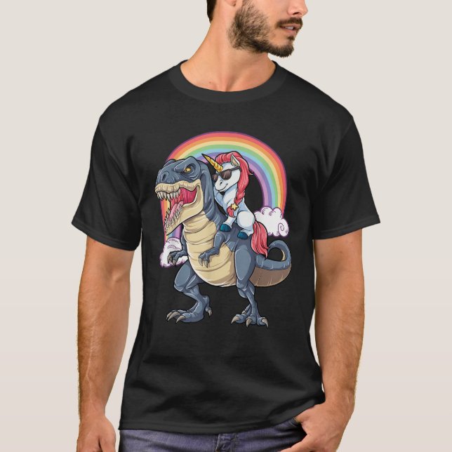 Unicorn Riding T rex Dinosaur Boys Girls Kids Gift T-Shirt (Front)