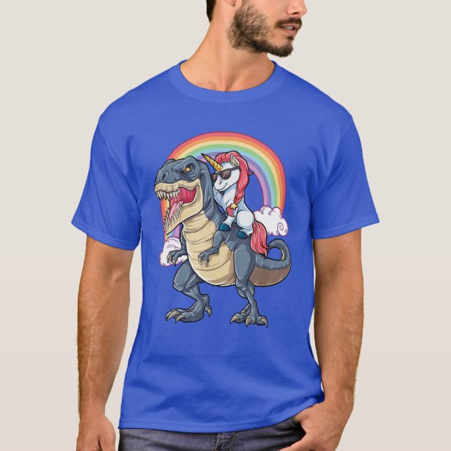 Unicorn Riding T Rex Dinosaur Boys Girls Kids Gift T-Shirt (Front)