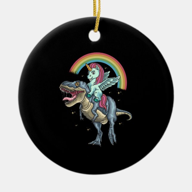 Unicorn Riding T rex Dinosaur Ceramic Ornament (Front)