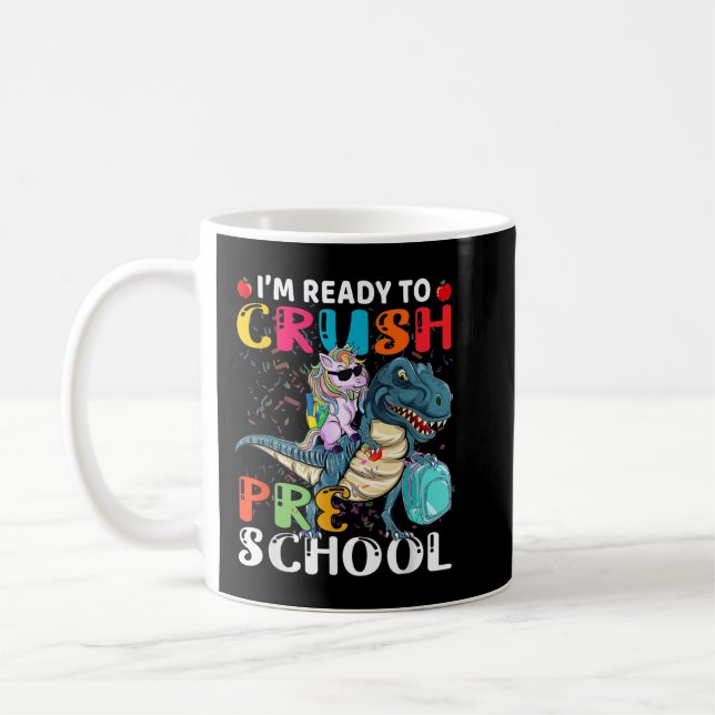 Unicorn Riding T rex Dinosaur Funny Back To School Coffee Mug (Left)