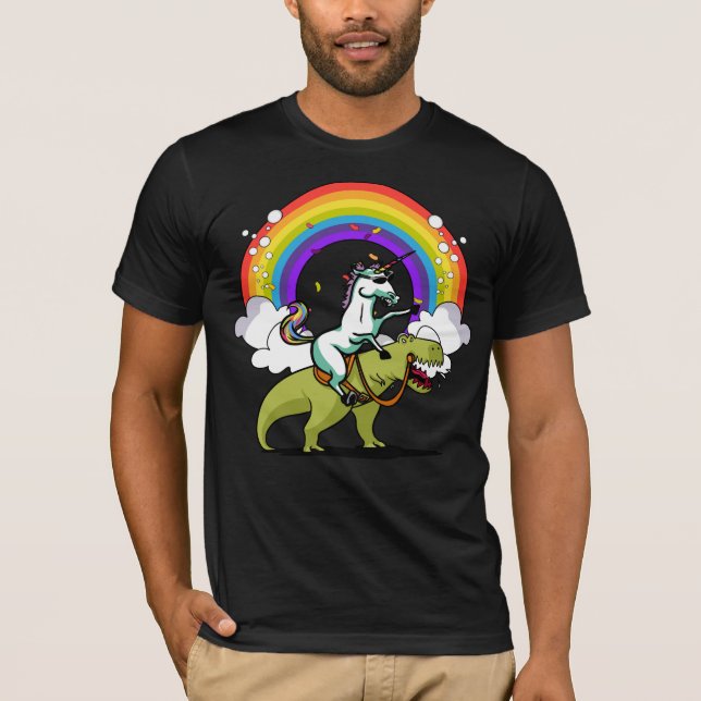 Unicorn Riding T-Rex Dinosaur Magical Rainbow T-Shirt (Front)