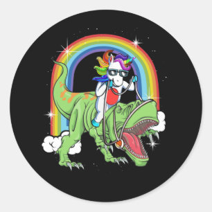 Unicorn Riding T Rex Dinosaur Rainbow Classic Round Sticker