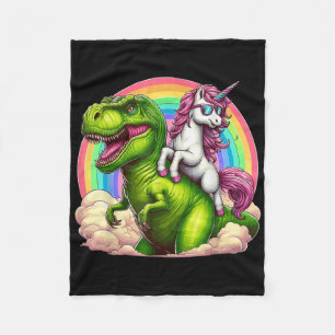 Unicorn Riding T-rex Dinosaur With Rainbow Fantasy Fleece Blanket