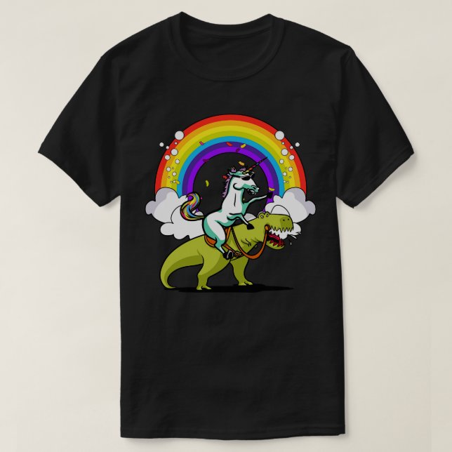 Unicorn Riding TRex Dinosaur Party T-Shirt (Design Front)