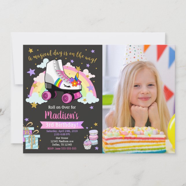 Unicorn Roller Skate Birthday Invitation (Front)