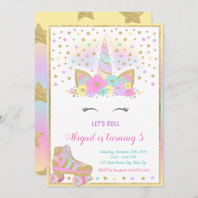 Unicorn Roller Skating Invitation, Unicorn Invitation (Front/Back)