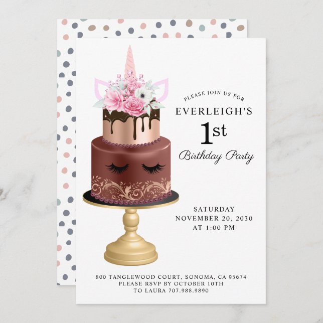Unicorn Rose Gold Chocolate Cake 1st Birthday  Invitation (Front/Back)