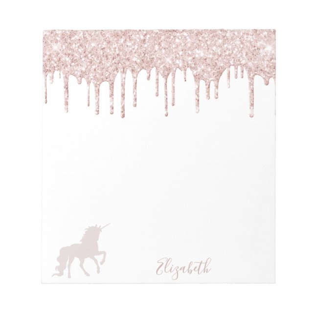 Unicorn rose gold glitter drip white name notepad (Front)