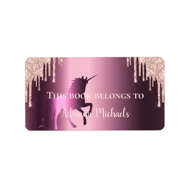 Unicorn rose gold glitter purple bookplate name label (Front)