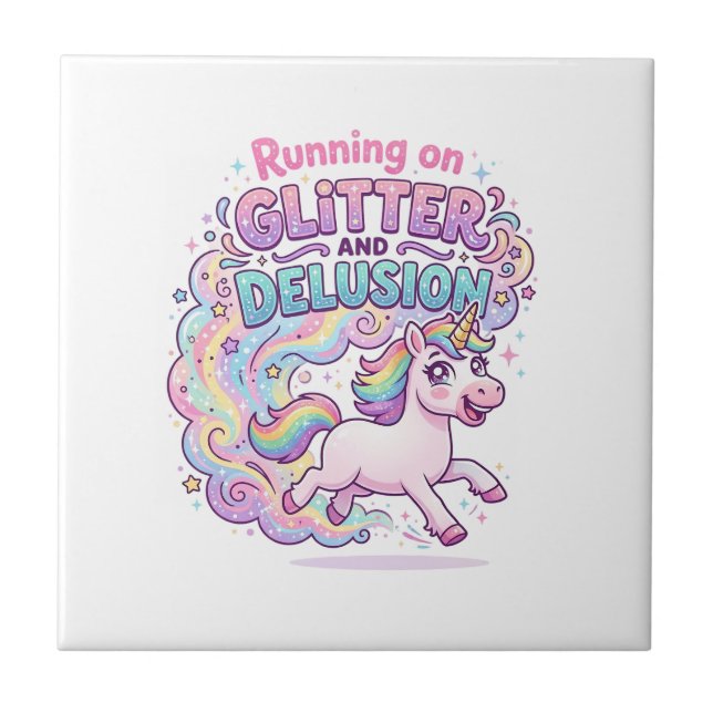 Unicorn Running on Glitter and Delusion Charming M Ceramic Tile (Front)