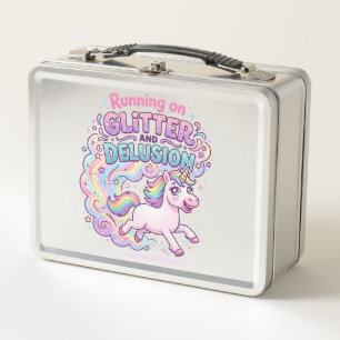 Unicorn Running on Glitter and Delusion Charming M Metal Lunch Box