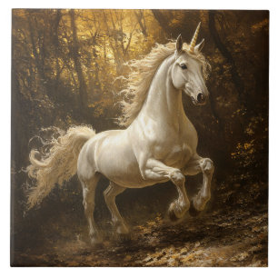 Unicorn Running Through The Forest Painting Ceramic Tile