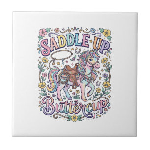 Unicorn Saddle Up Buttercup Colourful White Backgr Ceramic Tile