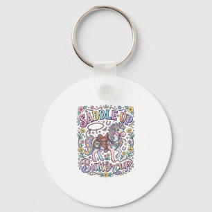 Unicorn Saddle Up Buttercup Colourful White Backgr Key Ring