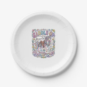 Unicorn Saddle Up Buttercup Colourful White Backgr Paper Plate