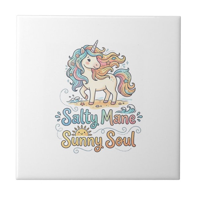 Unicorn Salty Mane Sunny Soul Playful Vector Desig Ceramic Tile (Front)