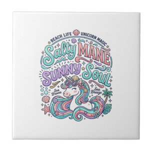 Unicorn Salty Mane Sunny Soul Retro Style T-Shirt Ceramic Tile