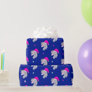 Unicorn Santa Christmas gift wrapping paper blue 