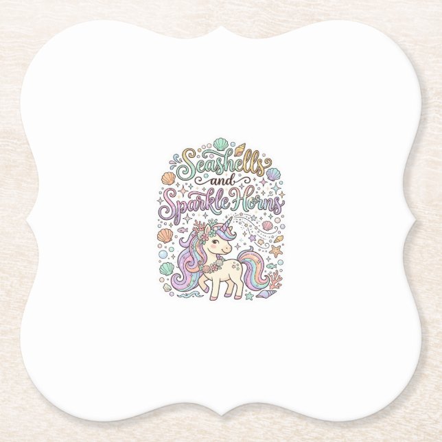 Unicorn Seashells and Sparkle Horns Premium Vector Paper Coaster (Front)