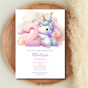 Unicorn Second 2nd Pink Blue Purple Girl Birthday  Invitation