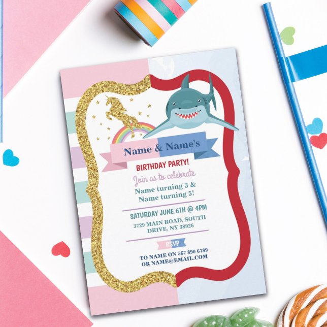 Unicorn & Shark Joint Boy Girl Birthday Invitation (Creator Uploaded)