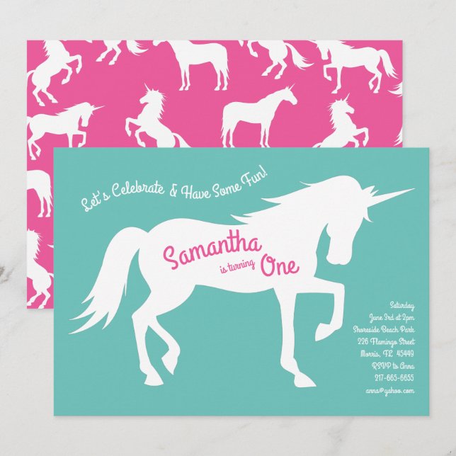 Unicorn Silhouette 1st Birthday Party Pink Girls Invitation (Front/Back)