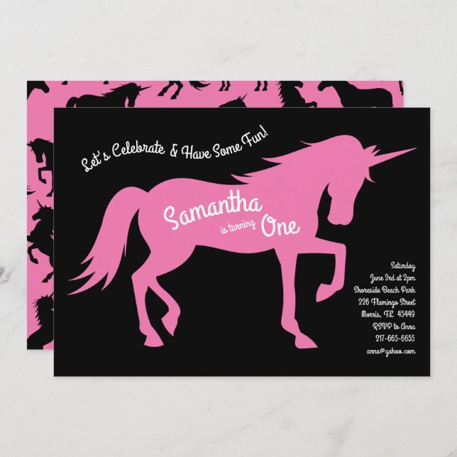 Unicorn Silhouette 1st Birthday Party Pink Girls Invitation (Front/Back)