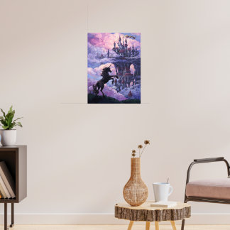 Unicorn Silhouette and Castle in Pink Clouds Poster