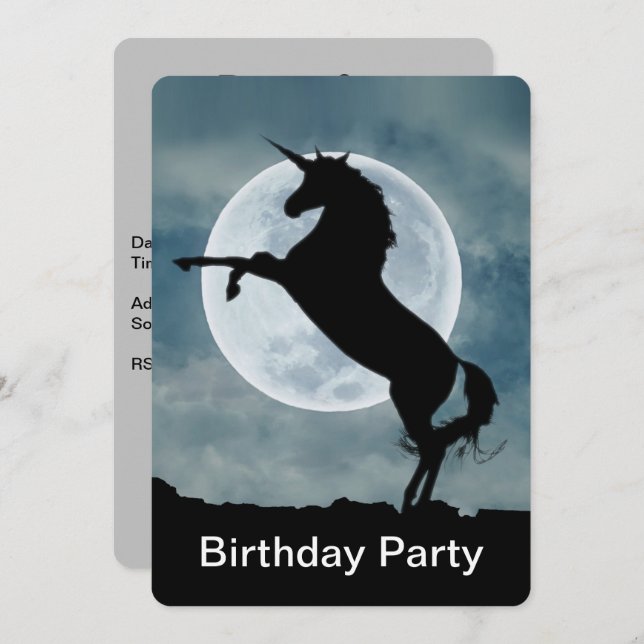 Unicorn Silhouette Full Moon Happy Birthday Party Invitation (Front/Back)