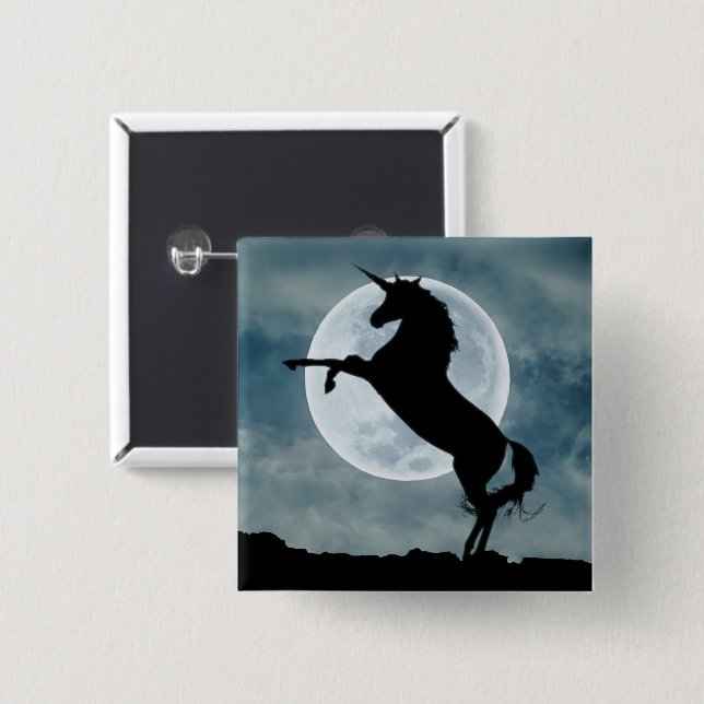 Unicorn Silhouette Full Moon Night Sky, ZKOA 15 Cm Square Badge (Front & Back)