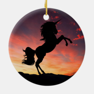 Unicorn Silhouette Sunset Ember Ceramic Ornament