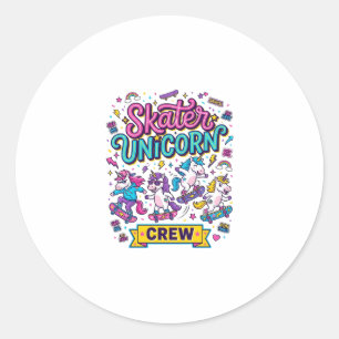 Unicorn Skater Unicorn Crew Retro Style Print on D Classic Round Sticker