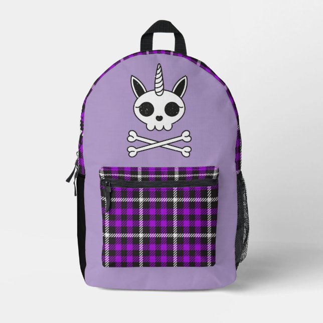 Unicorn Skull and Crossbones Printed Backpack (Front)
