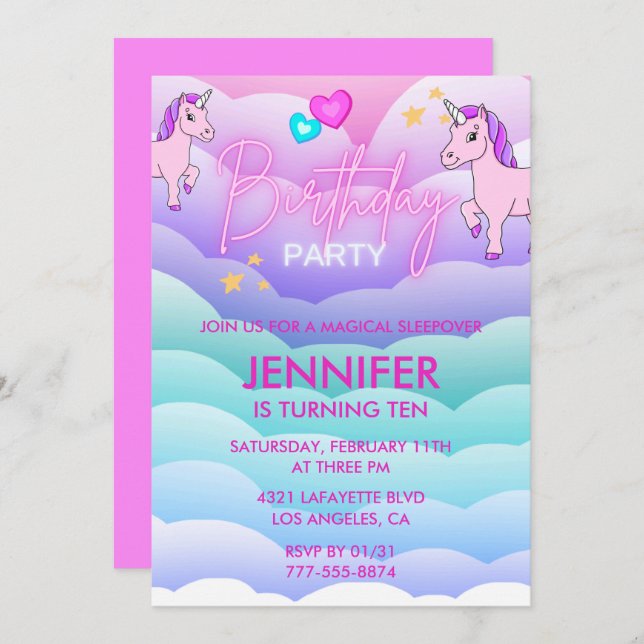 Unicorn Sleepover Invitation 10th Birthday Pink (Front/Back)