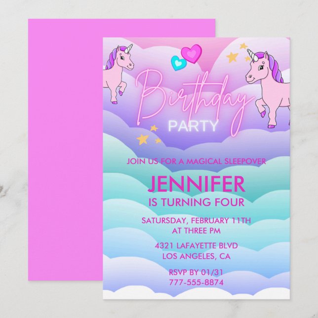 Unicorn Sleepover Invitation 4th Birthday Pink (Front/Back)