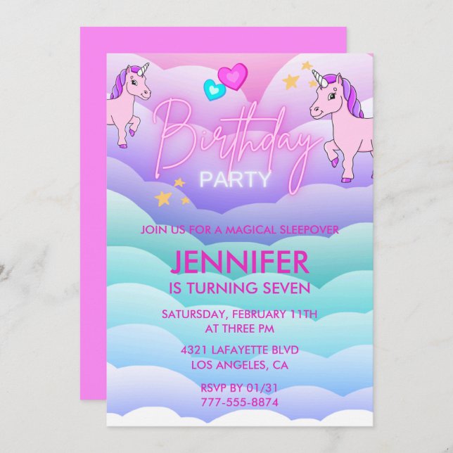 Unicorn Sleepover Invitation 7th Birthday Pink (Front/Back)