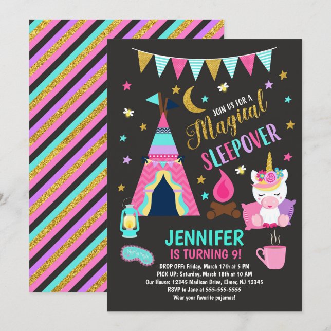 Unicorn Sleepover Party Birthday Invitation (Front/Back)