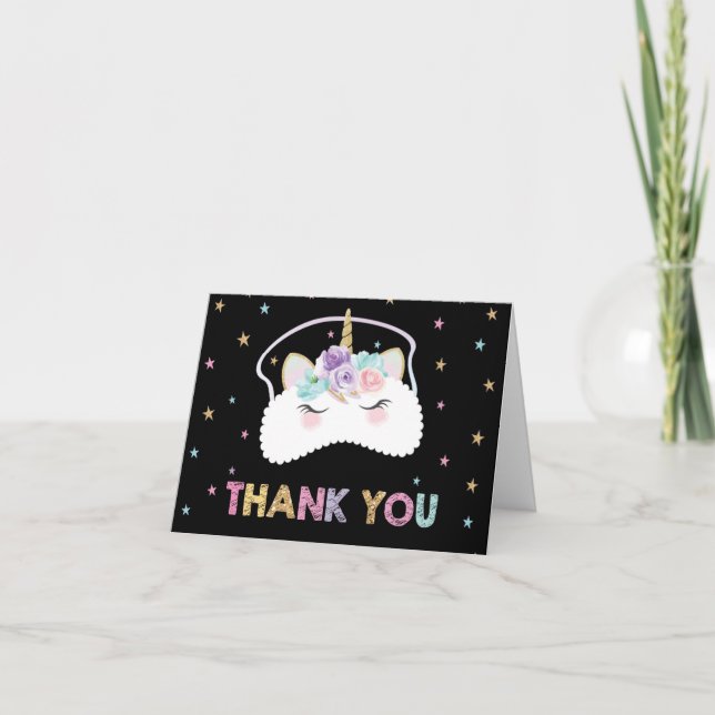 Unicorn Sleepover Slumber Pajama Birthday Party Thank You Card (Front)