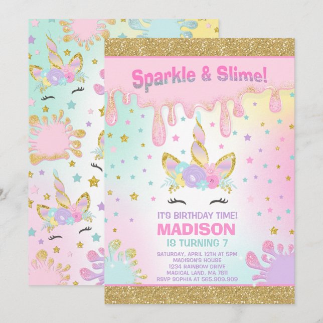 Unicorn Slime Birthday Invitation Slime Party (Front/Back)