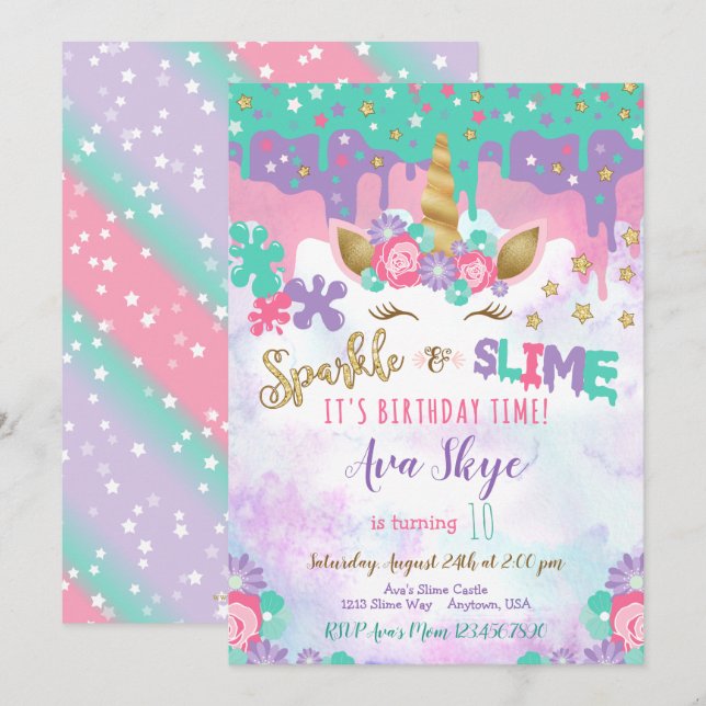 Unicorn Slime Birthday Invitation Slime Party (Front/Back)