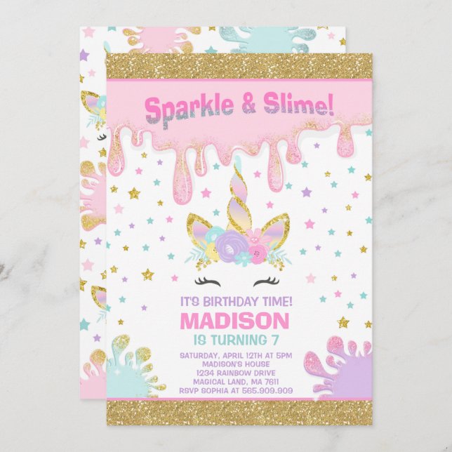 Unicorn Slime Birthday Invitation Slime Party (Front/Back)