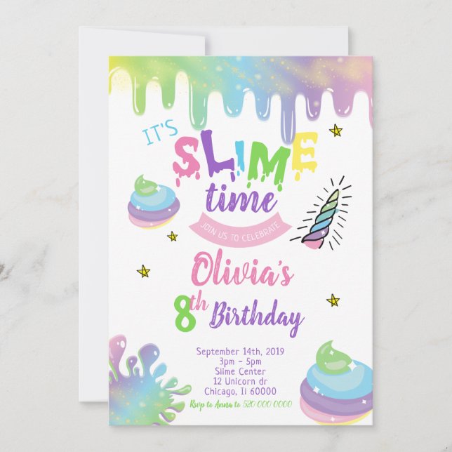 Unicorn Slime Birthday Party Invitation (Front)