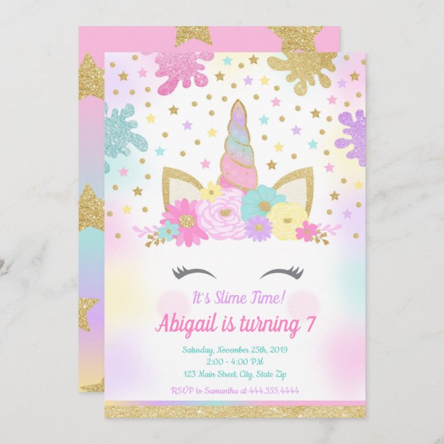 Unicorn Slime Invitation, Slime Party, Unicorn Invitation (Front/Back)