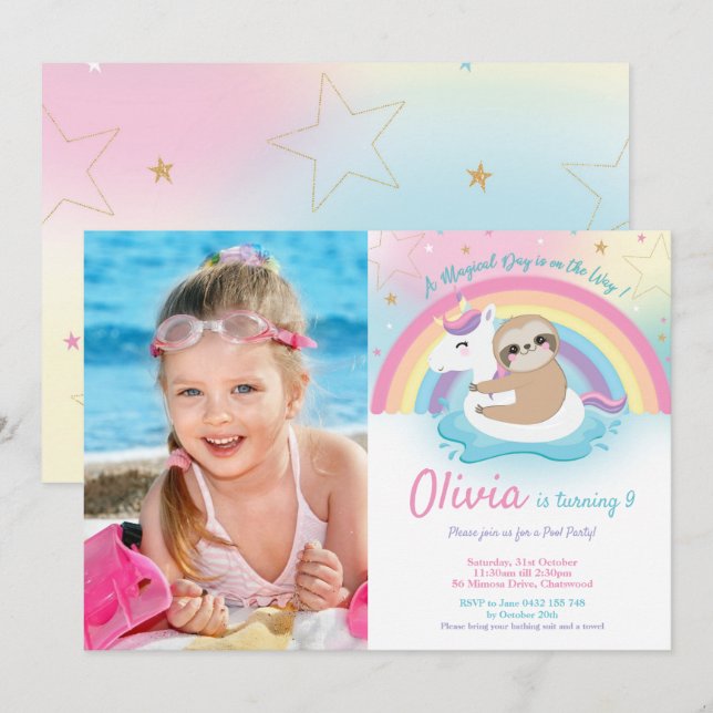 Unicorn Sloth Pool Party Birthday Girl Photo Invitation (Front/Back)