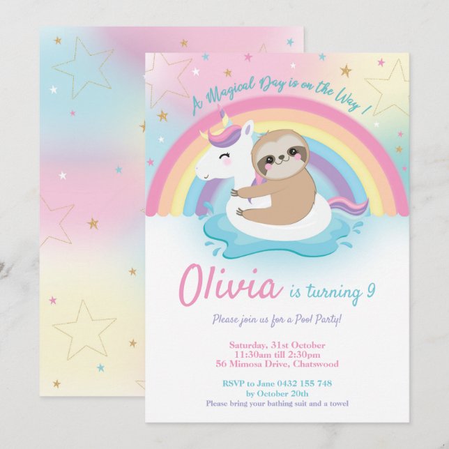Unicorn Sloth Pool Party Birthday Invitation Girls (Front/Back)