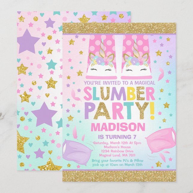 Unicorn Slumber Party Birthday Invitation (Front/Back)