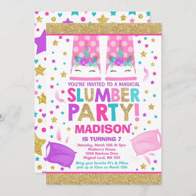 Unicorn Slumber Party Birthday Invitation (Front/Back)